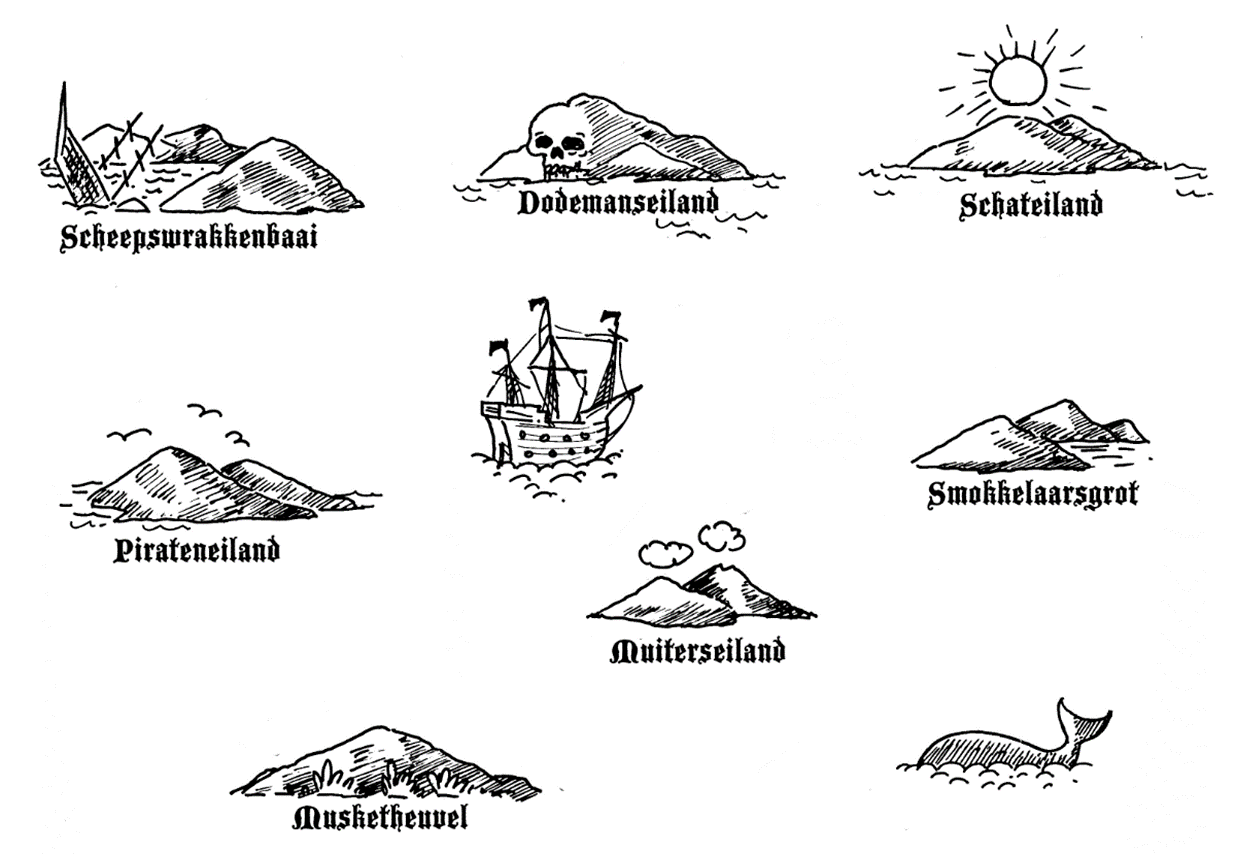 Een kaart met 7 eilanden: Scheepswrakkenbaai, Dodemanseiland, Schateiland, Pirateneiland, Smokkelaarsgrot, Muiterseiland en Musketheuvel.