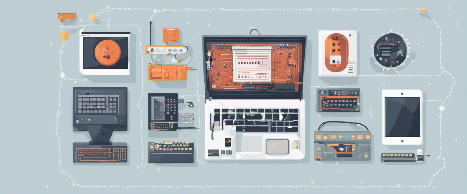 Een ietwat abstracte afbeelding van apparaten en elektronische circuits.