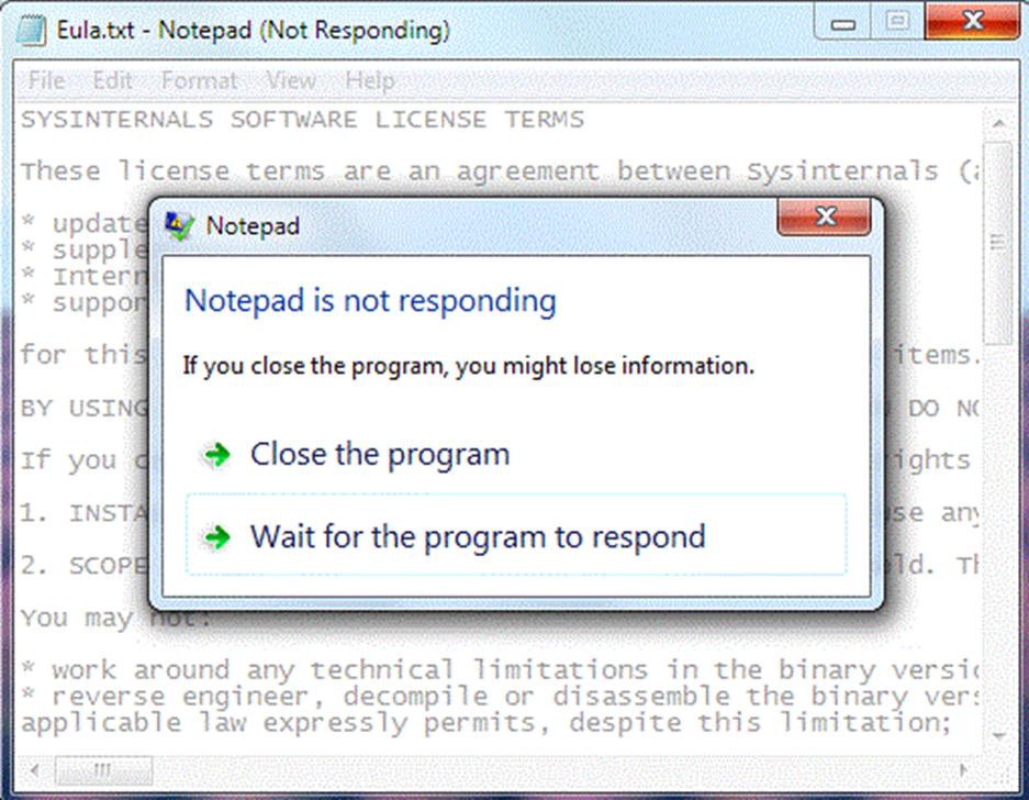 Een dialoogvenster in Windows met de tekst "Notepad is not responding". Je hebt twee keuzes: "Close the program" of "Wait for the program to respond"