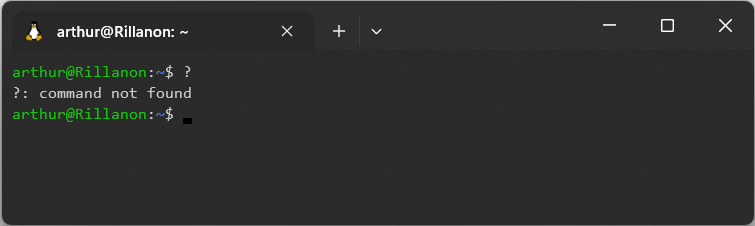 Een Windows Terminal venster met de Bash terminal. De gebruiker heeft een ? getypet, en het resultaat is "?: command not found"