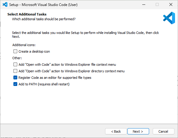 Select Additional Tasks scherm in de Visual Studio Code installer.
