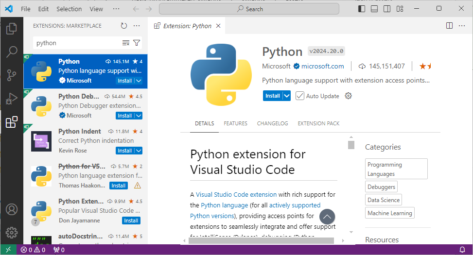 De Python extensie in VS Code