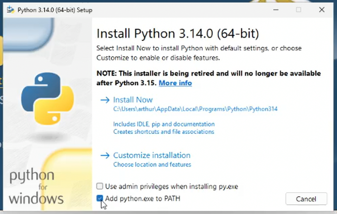 Python installer met de optie Add python.exe to PATH aangevinkt