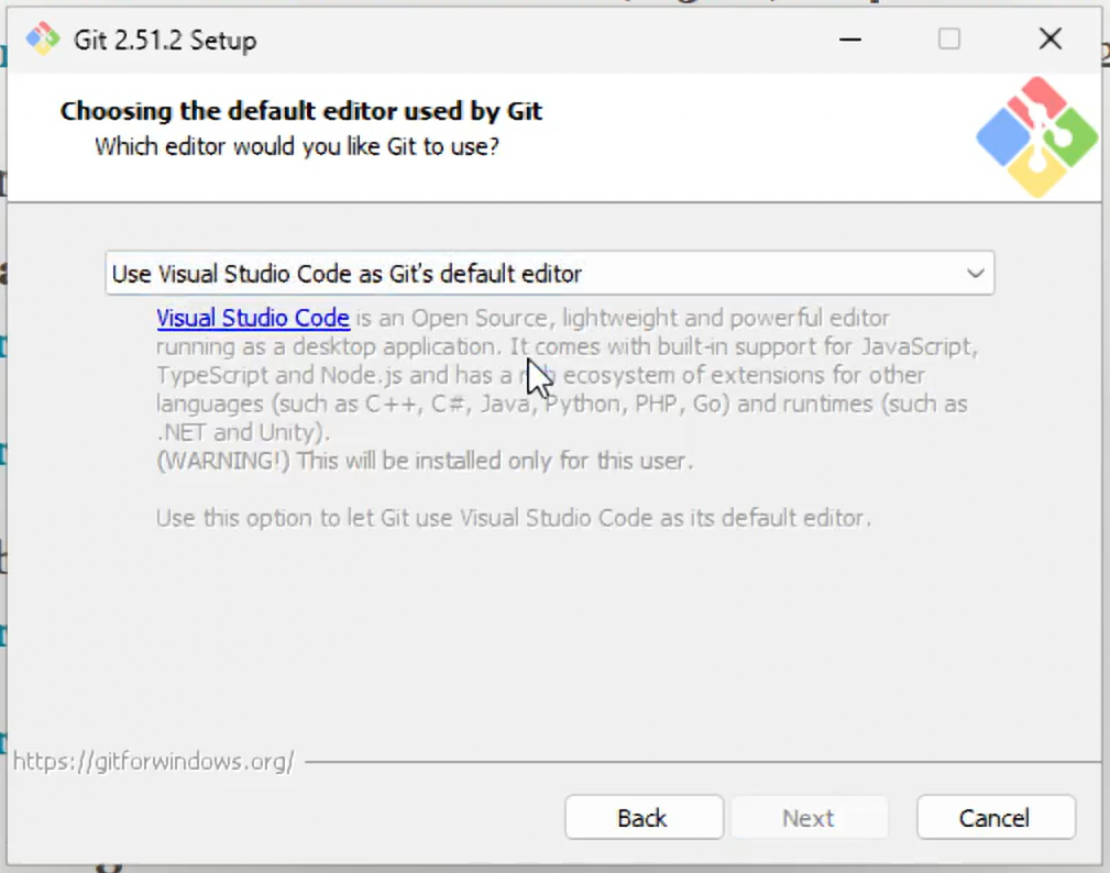 De Git installer vraagt: Which editor would you like Git to use? De optie Use Visual Studio Code as Git's default editor is geselecteerd