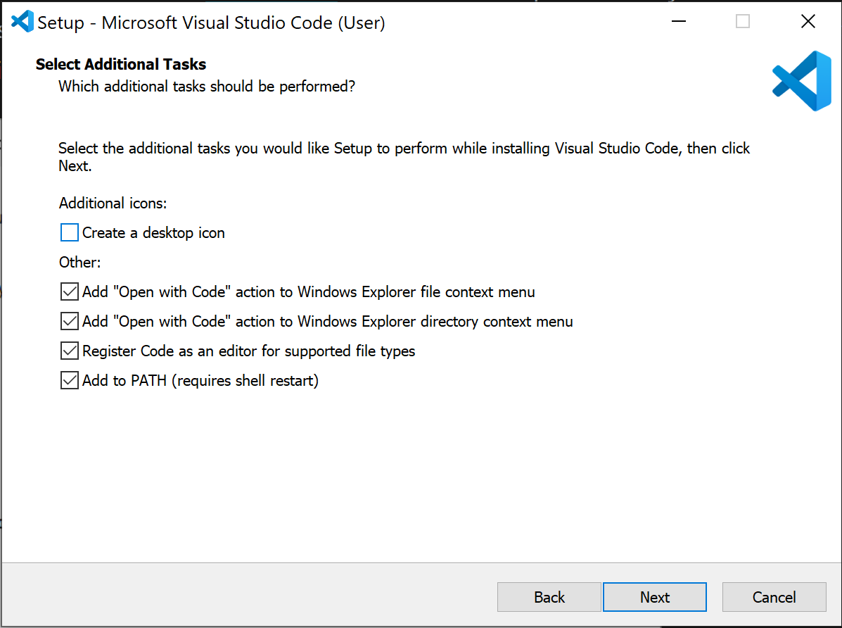Select Additional Tasks scherm in de Visual Studio Code installer.