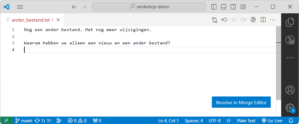 Hetzelfde bestand in VS Code met het merge conflict handmatig opgelost
