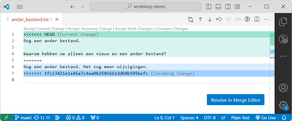 Bestand met een merge conflict in VS Code