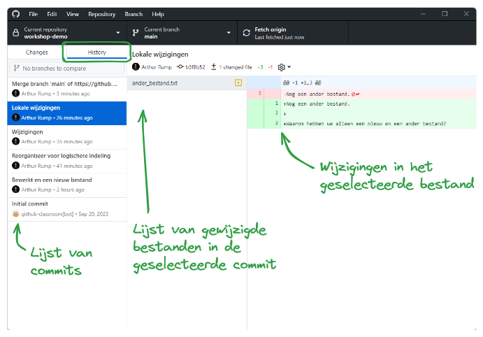 History weergave in GitHub Desktop. Links staat de lijst van commits, daarnaast de bestanden die in de geselecteerde commit gewijzigd zijn en weer daarnaast de diff van het geselecteerde bestand.