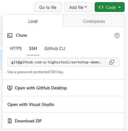 Open with GitHub Desktop is een optie die verschijnt nadat je op de knop Code hebt geklikt