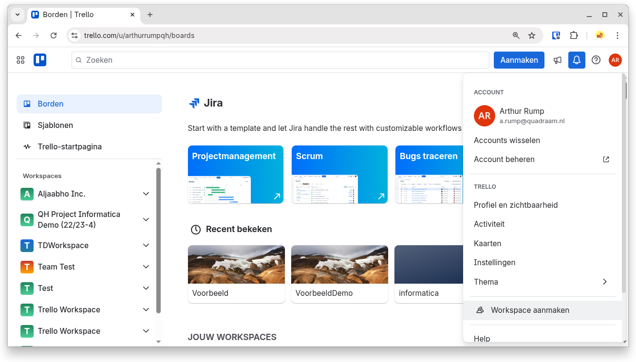 De knop Workspace aanmaken in het account menu