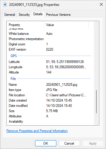 Screenshot van het eigenschappenvenster van de Windows Verkenner van de foto, met onder andere de GPS-coördinaten in beeld.