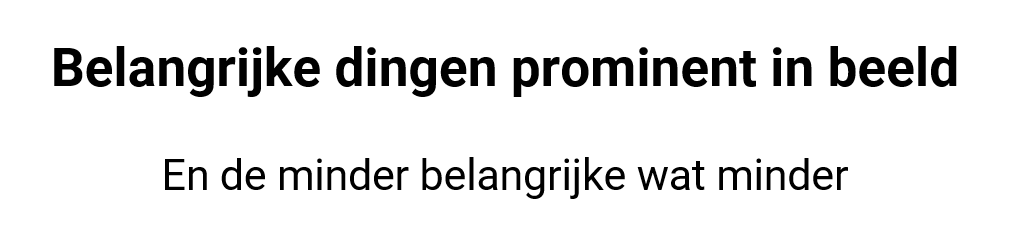 Twee regels tekst: de tekst "Belangrijke dingen prominent in beeld" is in een groot lettertype en dikgedrukt neergezet. Daaronder staat een regel "En de minder belangrijke wat minder" in een iets kleiner lettertype en niet dikgedrukt.