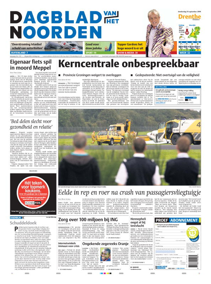 Voorpagina van het Dagblad van het Noorden van 18 september 2009.