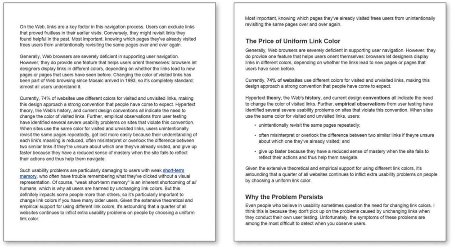 Twee teksten met dezelfde inhoud, maar de rechterkant maakt gebruik van tussenkopjes, dikgedrukte woorden, opsommingen en kortere alinea's.