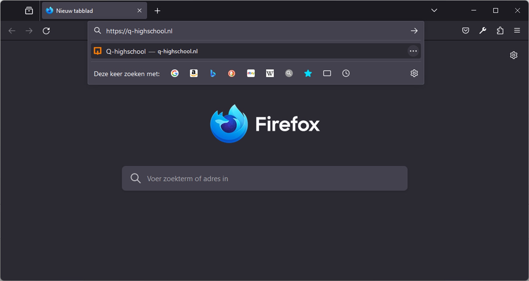 Screenshot van Firefox met https://q-highschool.nl in de adresbalk